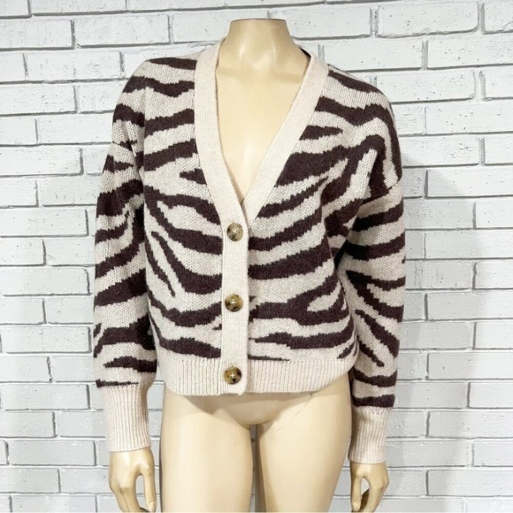 J.Crew Ribbed V-Neck Wool Blend‎ Zebra Stripe Cardigan Size L – NWT